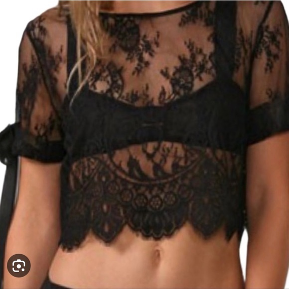 ANTHROPOLOGIE Pencey Crop Top Black Lace With Bow Ties Size XS - Picture 6 of 6